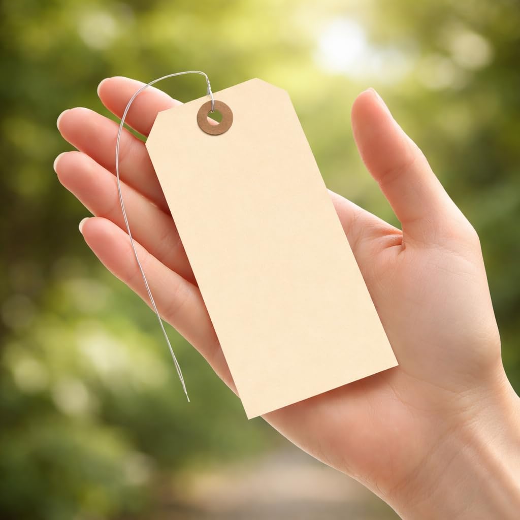 Label Tags with Wire Attached - 4 3/4" x 2 3/8" Box of 100 Blank Manila Tags with Reinforced Hole and Metal Wire Ties, Labels with Wire - Image 2