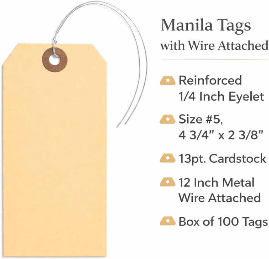 Label Tags with Wire Attached - 4 3/4" x 2 3/8" Box of 100 Blank Manila Tags with Reinforced Hole and Metal Wire Ties, Labels with Wire - Image 3