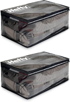 Hefty Storage Bags Extra Large Double Zipper Backpack, Heavy Duty Water Resistant Moving Totes with Shoulder Straps, Foldable Reusable Packing Organizers, 2 Pack (X-Large Black)