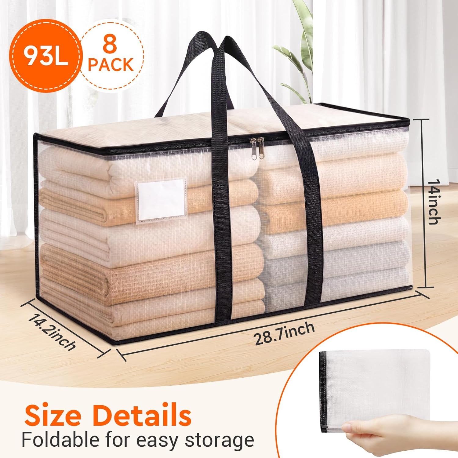 BlissTotes Moving Bags, 93L 8-Pack Storage Bags, Moving Box Heavy Duty Extra Large, Moving Totes with Zipper, Reinforced Handles & Tag Pocket, Boxes for Packaging Moving - Image 2