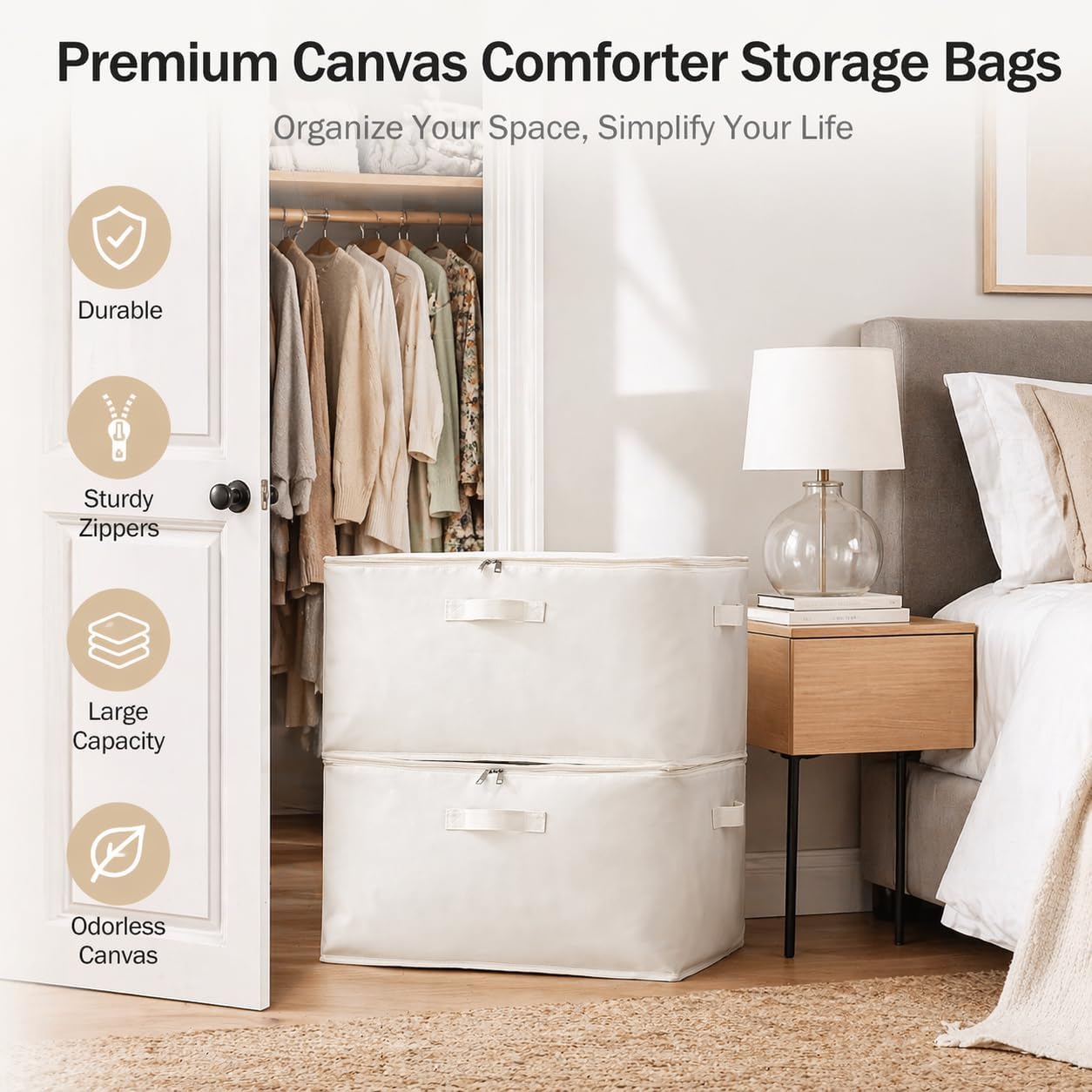 3-Pack Large Canvas Comforter Storage Bags for Clothes Sweater Clothes Organizer with Dual Zipper Three Carrying Handles for Blanket Closet Storage Container - Image 3