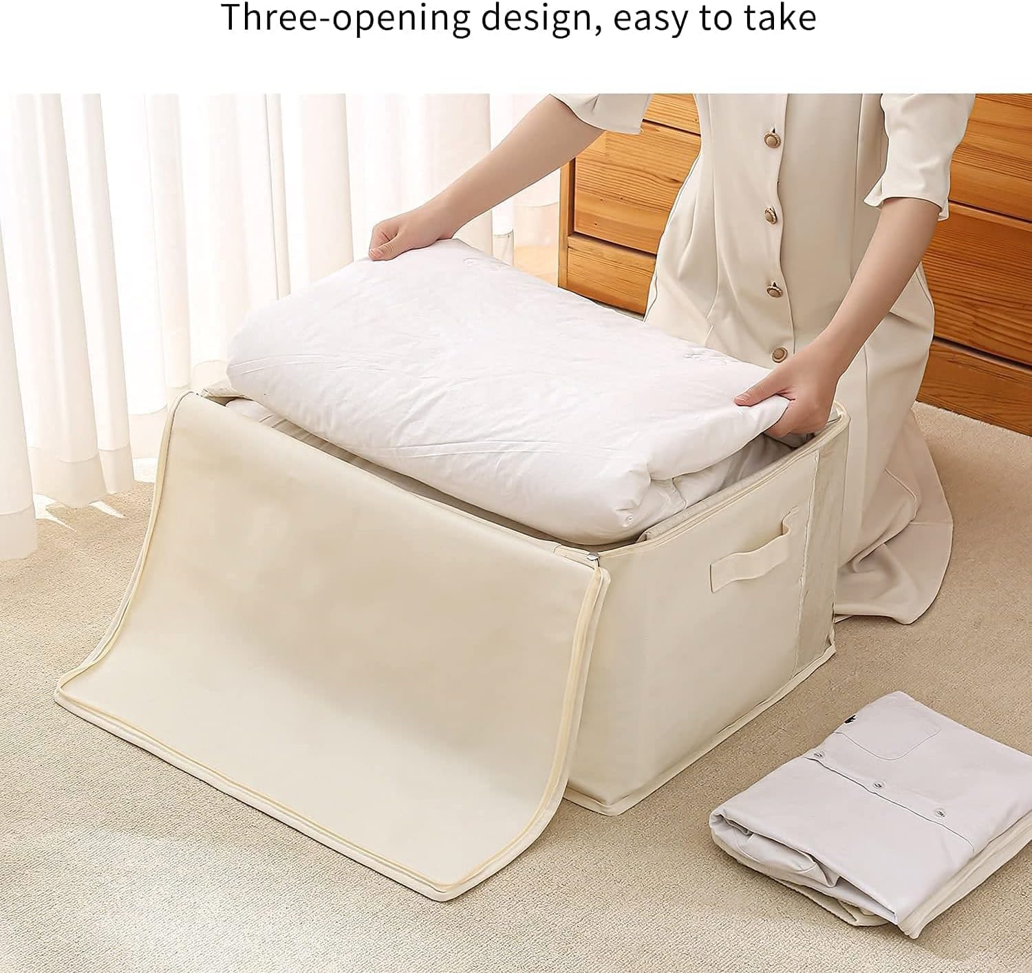 3-Pack Large Canvas Comforter Storage Bags for Clothes Sweater Clothes Organizer with Dual Zipper Three Carrying Handles for Blanket Closet Storage Container - Image 4